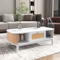 Table basse en bois et rotin avec rangements – Cannage & rangements fermés 2