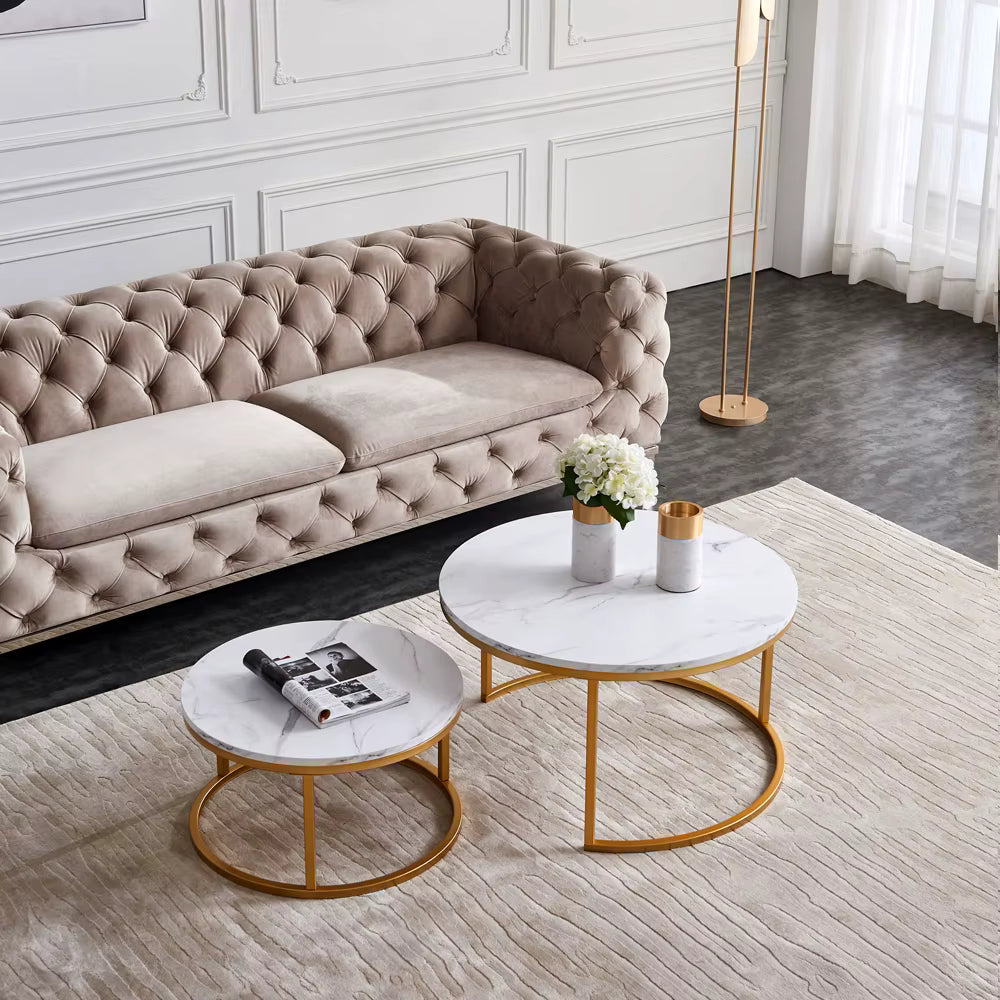 Table basse gigogne ronde effet marbre blanc et métal doré – 2 tables