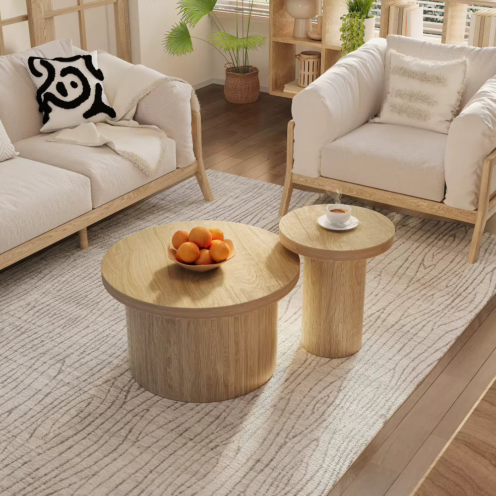 Table basse gigogne en bois design – Rondes en bois naturel, 2 tables