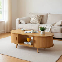 Table basse ovale bois avec rangement au style scandinave – Portes coulissantes 2