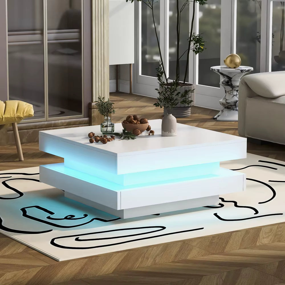Table basse carrée blanche avec LED et plateau pivotant – Plateau pivotant 360°