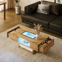 Table basse bois et verre moderne avec LED et rangements – Vitrine LED & 2 tiroirs 3