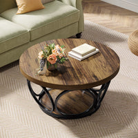 Table basse ronde bois avec rangement à 2 niveaux au style rustique – Bois & métal 3