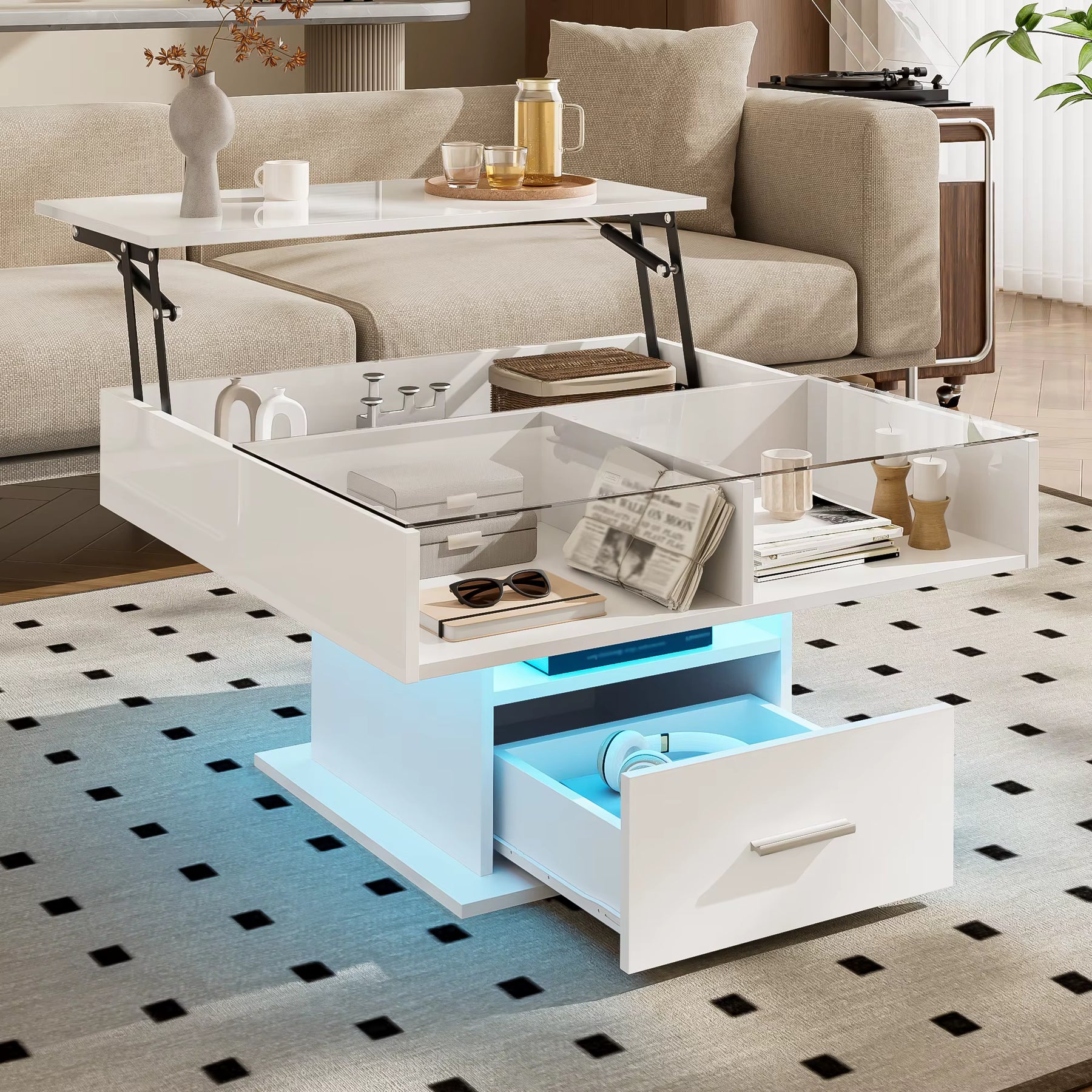 Table basse relevable avec LED et rangement – Plateau relevable & LED Bluetooth