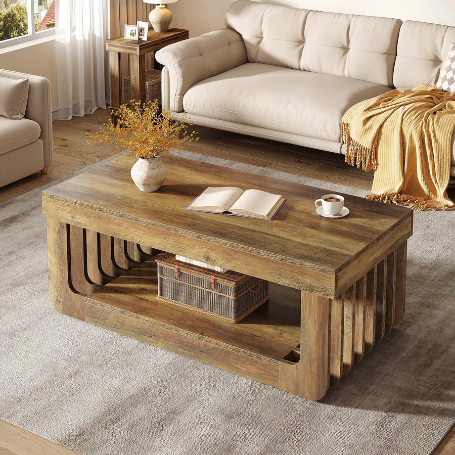 Table Basse Bois Rustique à Lattes avec Rangement