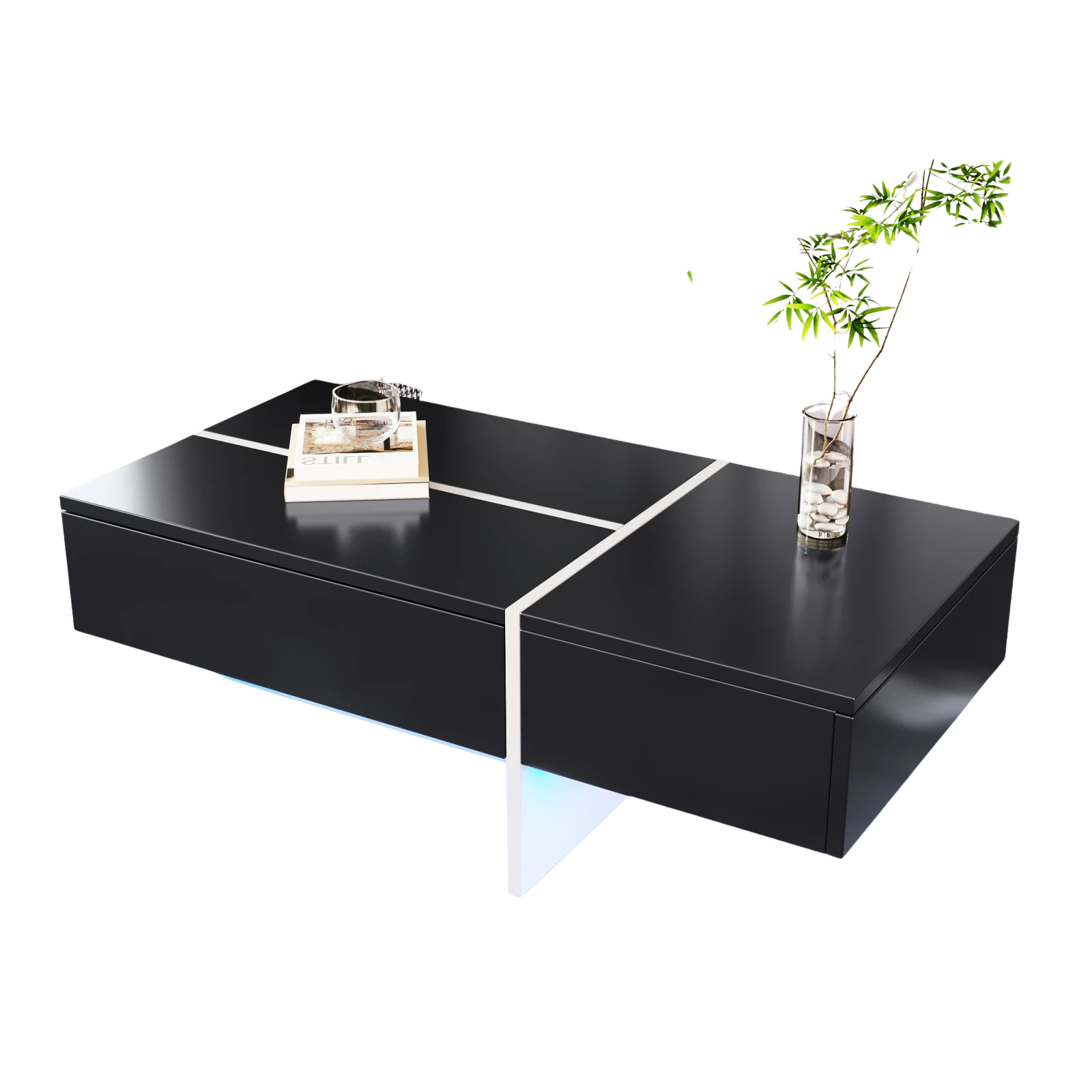 Table basse design noire avec finition blanche avec LED – 3 tiroirs & LED connectée