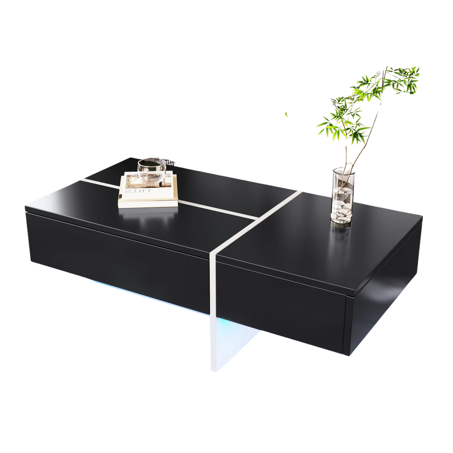 Table basse design noire et blanche avec LED – 3 tiroirs & LED connectée