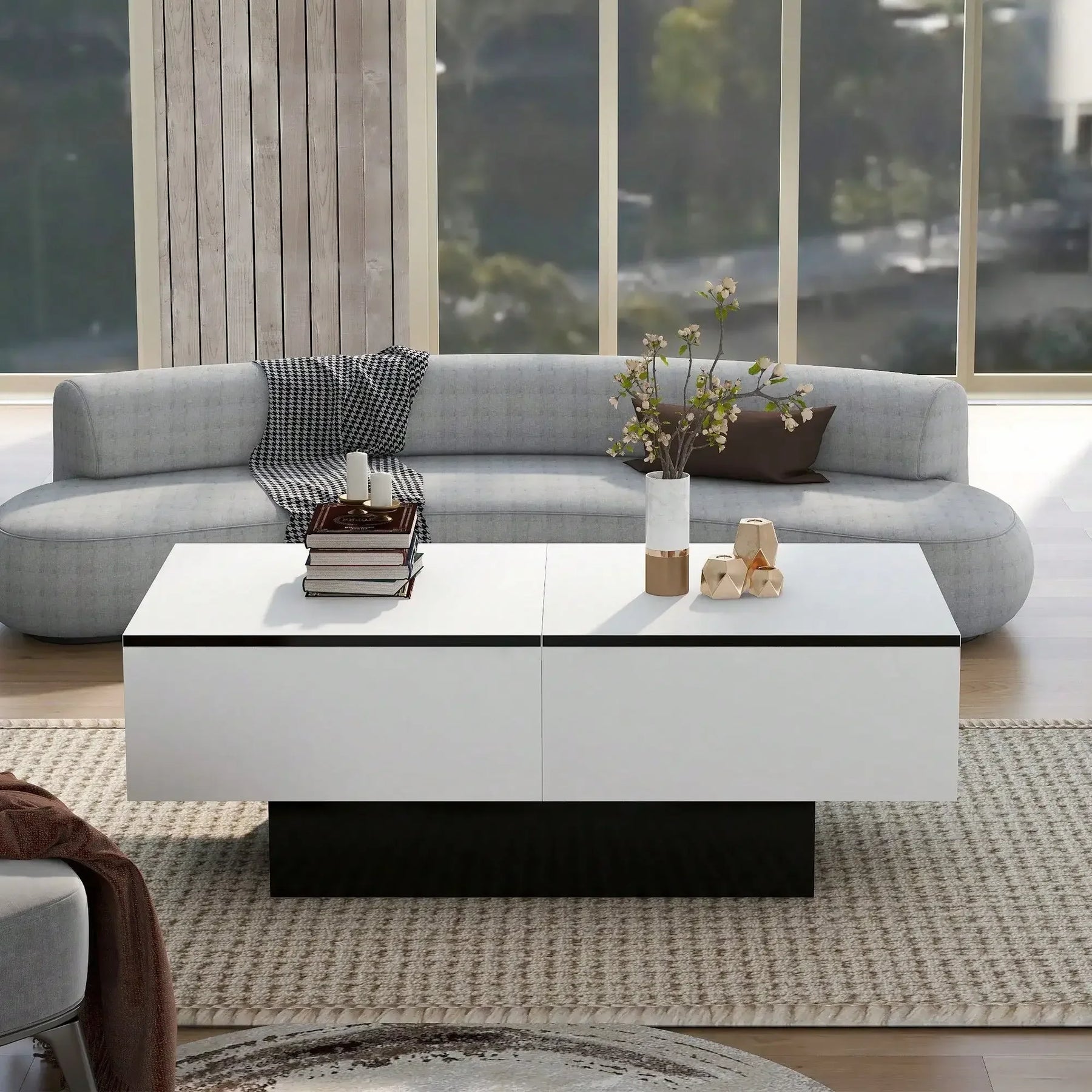 Table basse rectangulaire extensible avec rangements noire et blanche – Plateau extensible