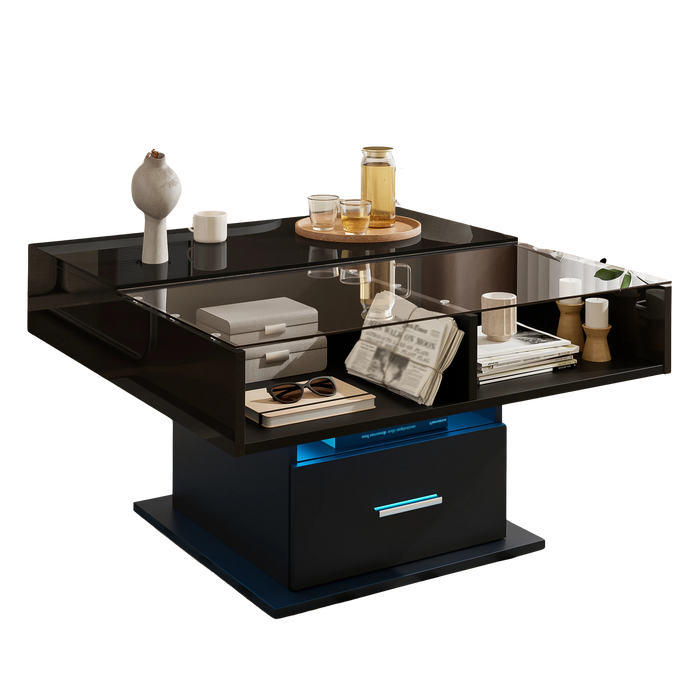 Table basse relevable extensible avec vitrine et LED – Plateau relevable & LED connectée