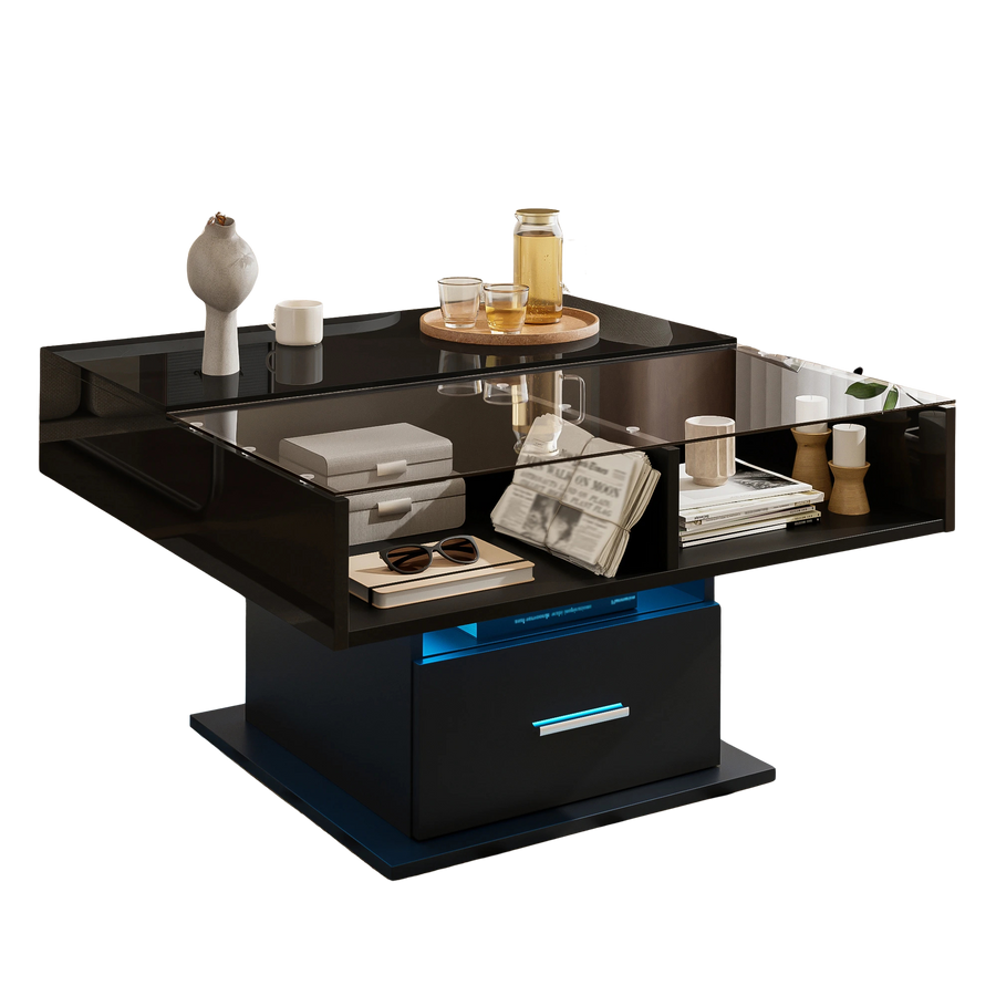 Table basse relevable extensible avec vitrine et LED – Plateau relevable & LED connectée