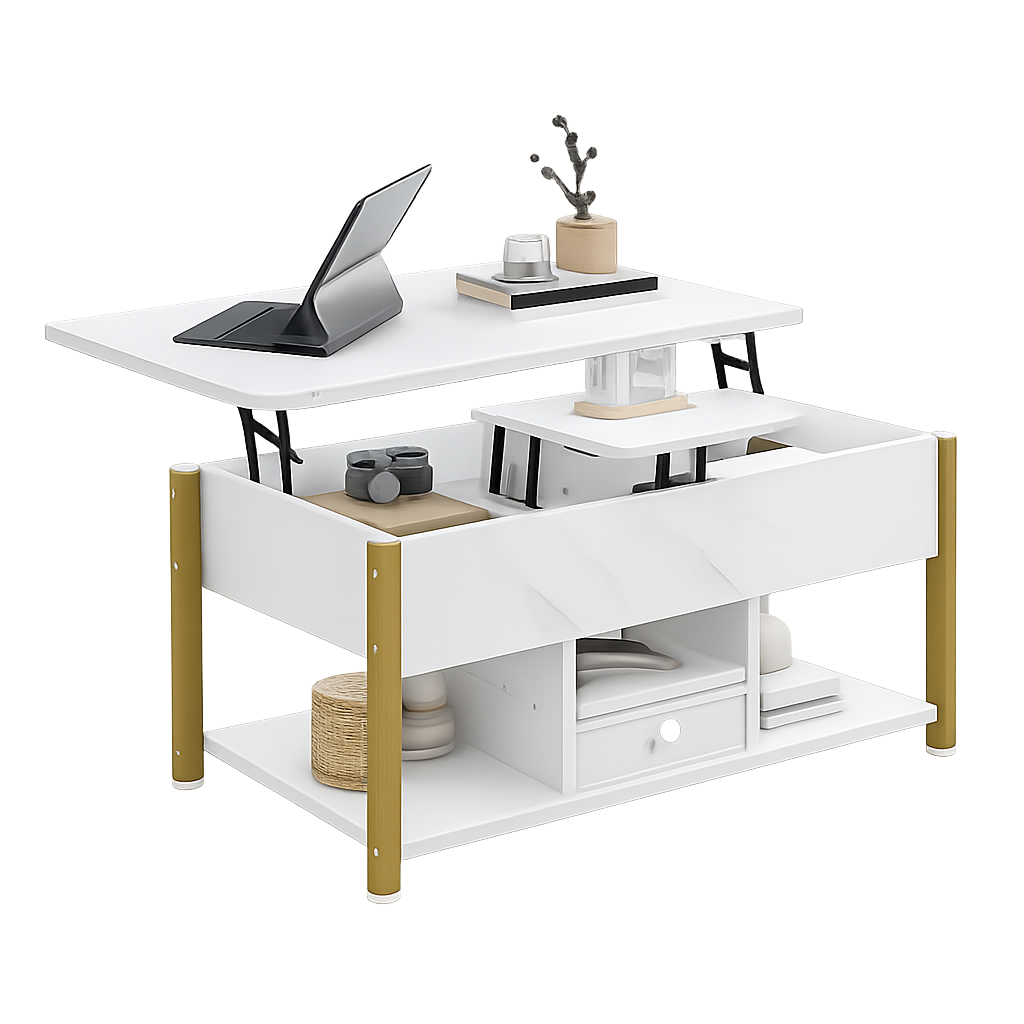 Table basse relevable extensible effet marbre blanche – 4 en 1, relevable & extensible
