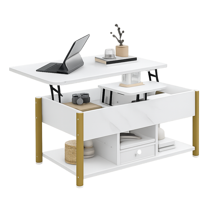 Table basse relevable extensible effet marbre blanche – 4 en 1, relevable & extensible