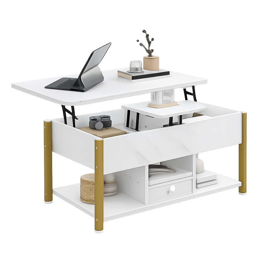 Table basse relevable extensible effet marbre blanche – 4 en 1, relevable & extensible