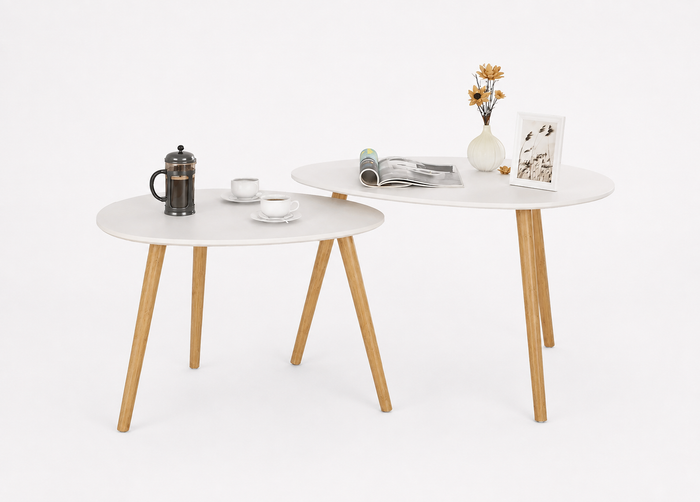 Table basse gigogne ovale blanche et bois scandinave – 2 tables