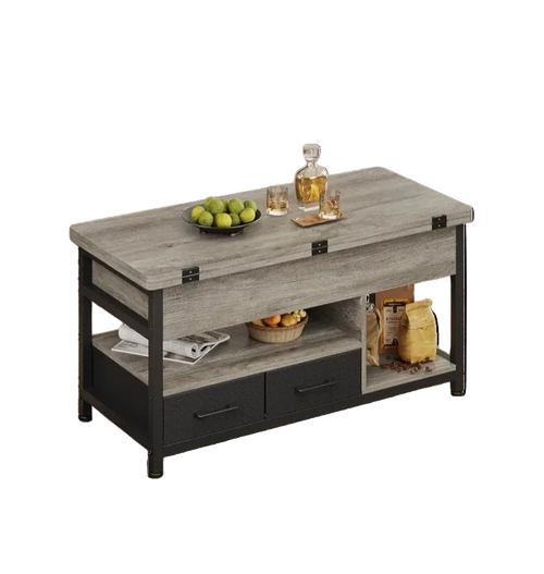 Table basse relevable extensible grise avec rangements – Plateau relevable, 4 à 6 couverts