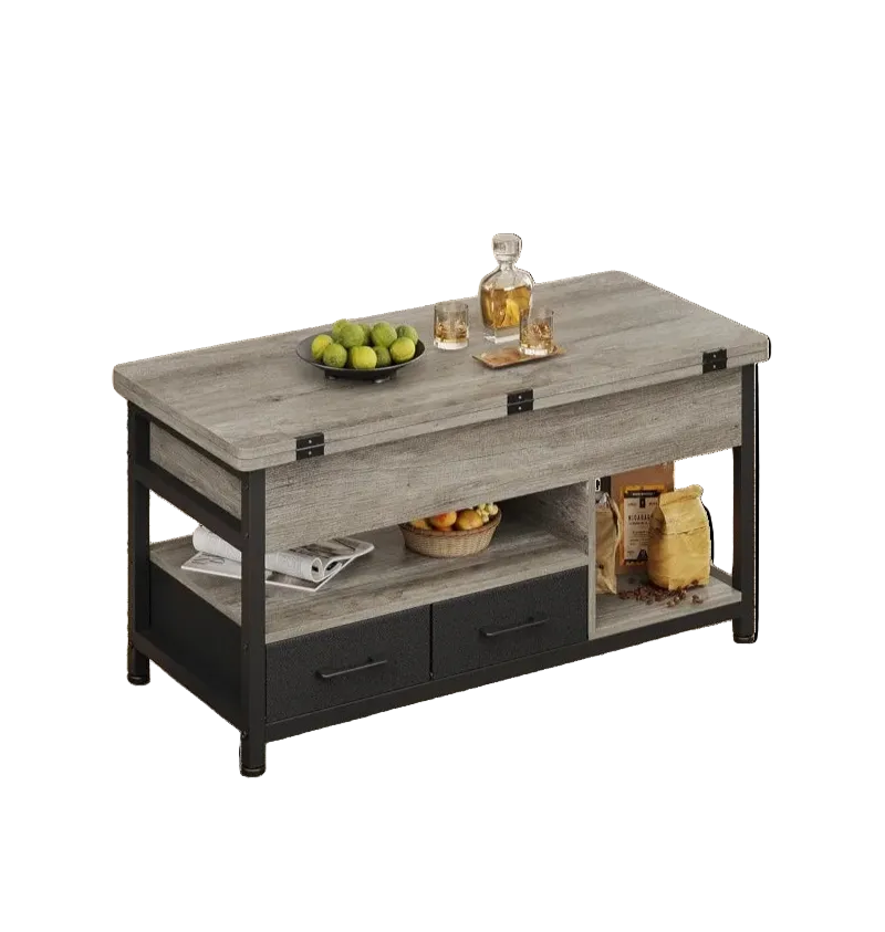 Table basse relevable extensible grise avec rangements – Plateau relevable, 4 à 6 couverts