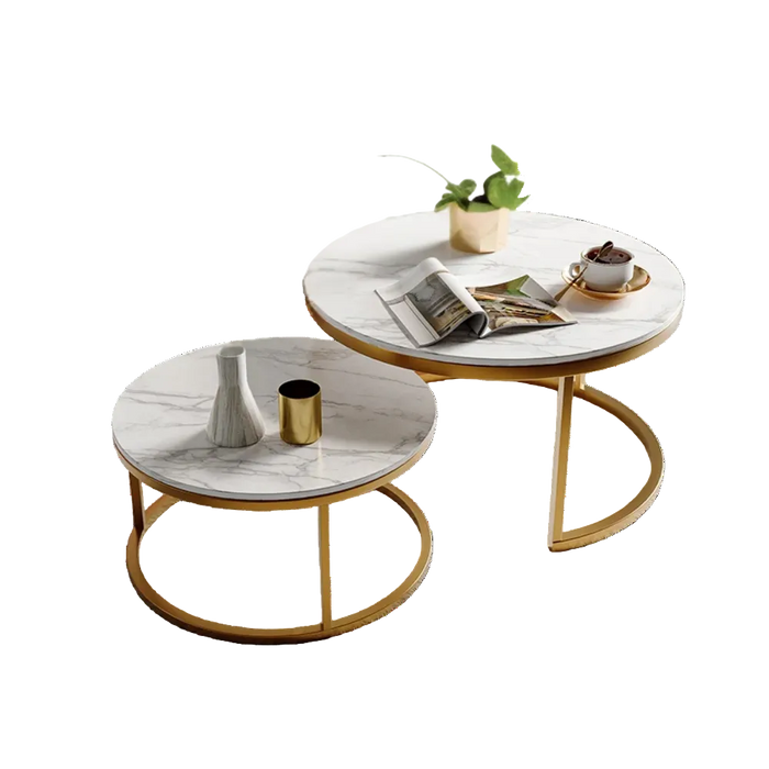 Table basse gigogne ronde effet marbre blanc et métal doré – 2 tables