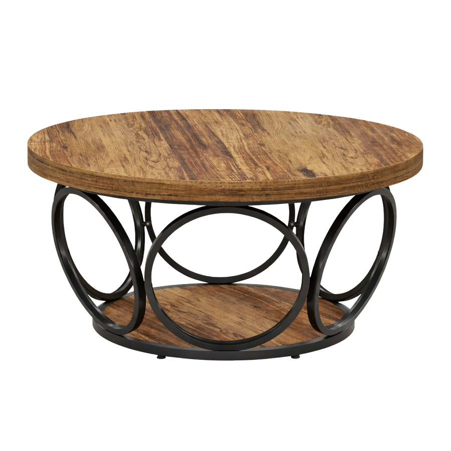 Table basse ronde bois avec rangement à 2 niveaux au style rustique – Bois & métal