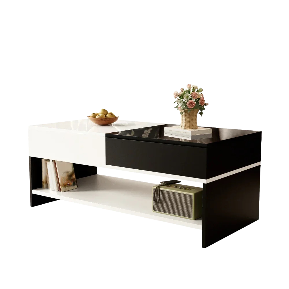 Table basse rectangulaire noire et blanche design avec rangements – Tiroir & compartiments