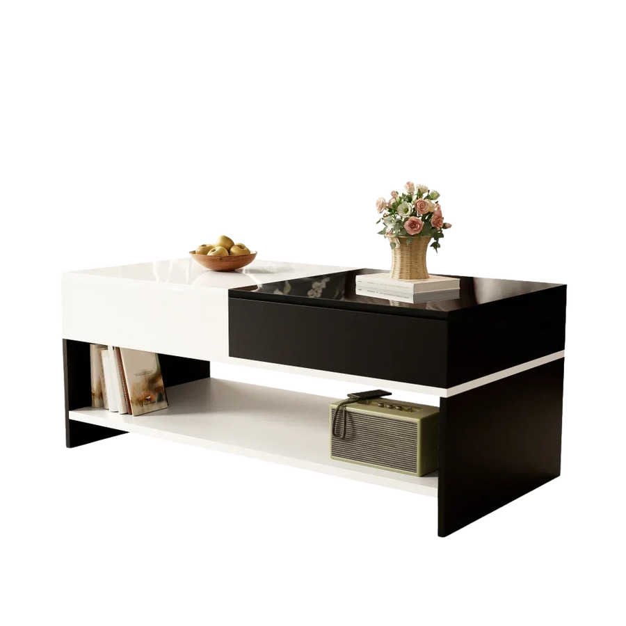 Table basse rectangulaire noire et blanche design avec rangements – Tiroir & compartiments