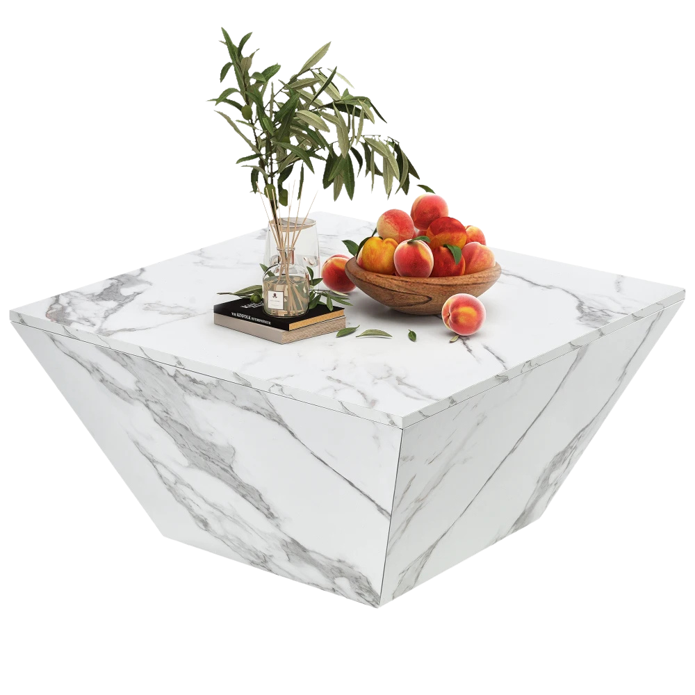Table basse effet marbre blanche avec tiroirs – Trapézoïdale & 2 tiroirs