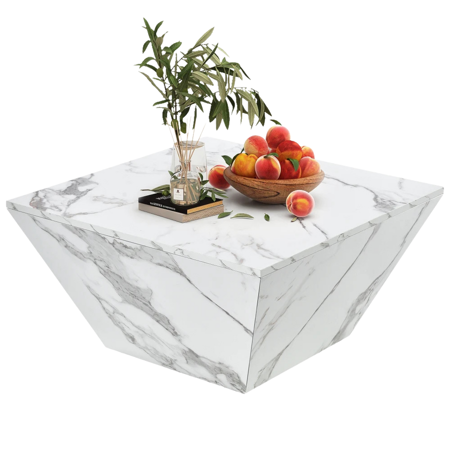 Table basse effet marbre blanche avec tiroirs – Trapézoïdale & 2 tiroirs