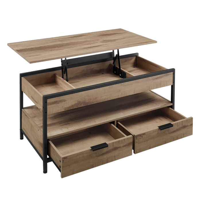 Table basse relevable industrielle avec rangement – Plateau relevable & multi-rangements