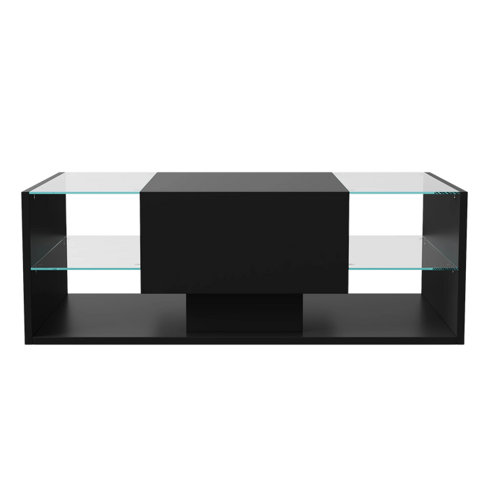 Table basse noire avec étagères en verre et éclairage LED – Verre trempé & LED