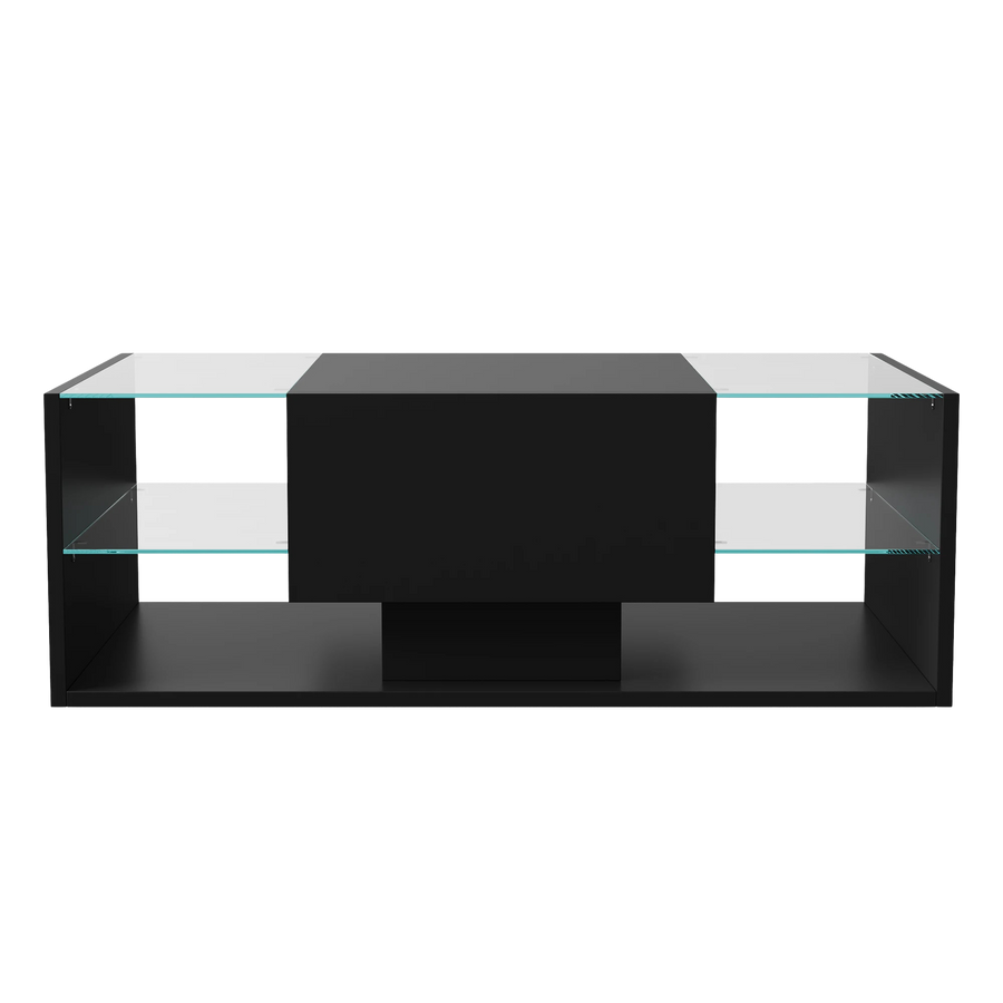 Table basse noire avec étagères en verre et éclairage LED – Verre trempé & LED