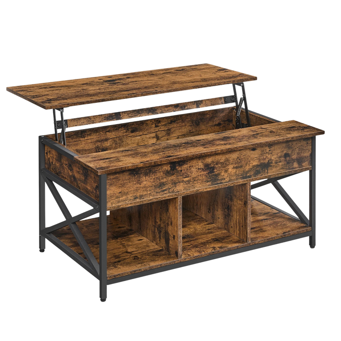 Table basse relevable bois et métal avec rangement – Plateau relevable & rangement caché