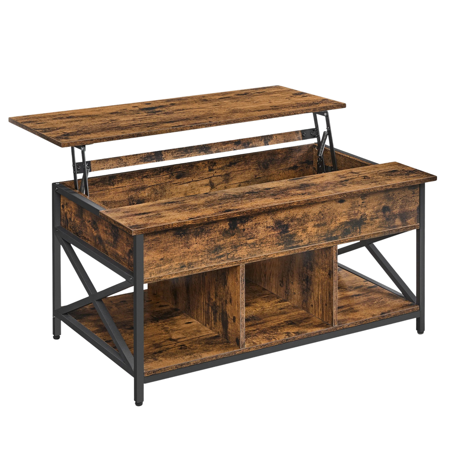 Table basse relevable bois et métal avec rangement – Plateau relevable & rangement caché