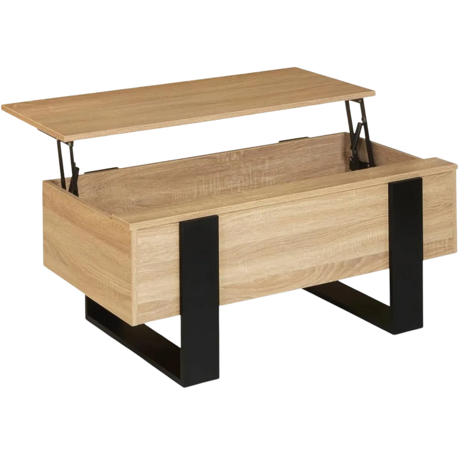 Table basse relevable en bois et noir style industriel – plateau relevable et rangement
