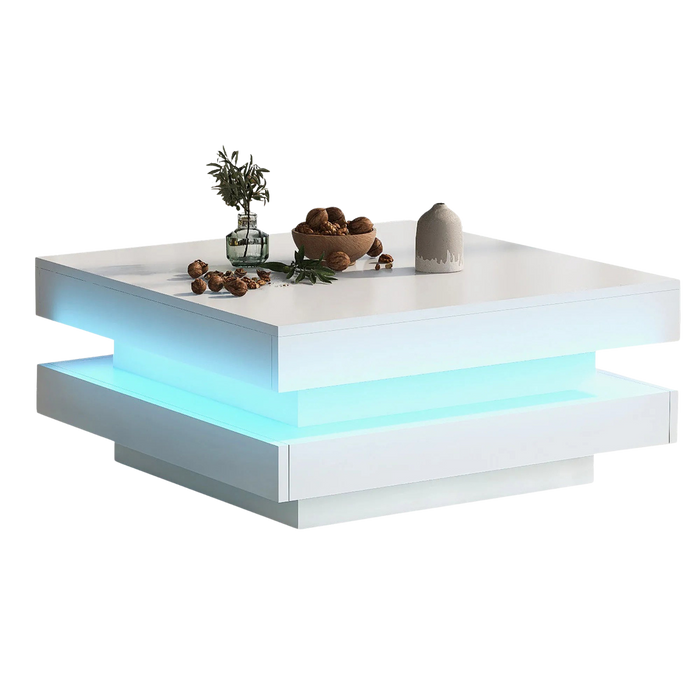 Table basse carrée blanche avec LED et plateau pivotant – Plateau pivotant 360°