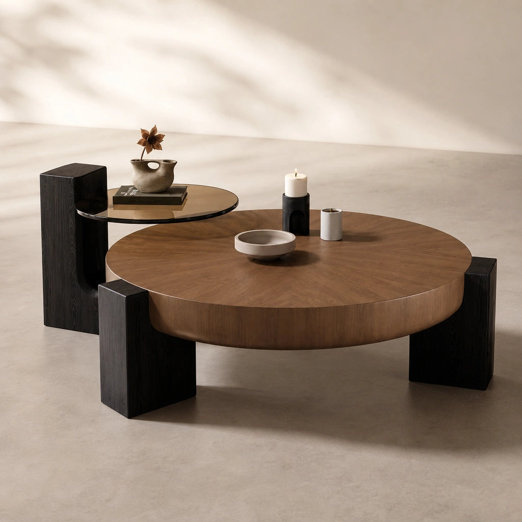 Table Basse VARENA™ – Bois & Piètement Noir, Tablette Verre
