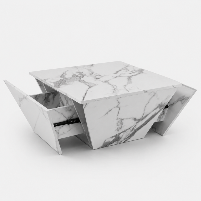 Table basse effet marbre blanche avec tiroirs – Trapézoïdale & 2 tiroirs
