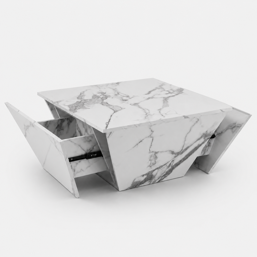 Table basse effet marbre blanche avec tiroirs – Trapézoïdale & 2 tiroirs