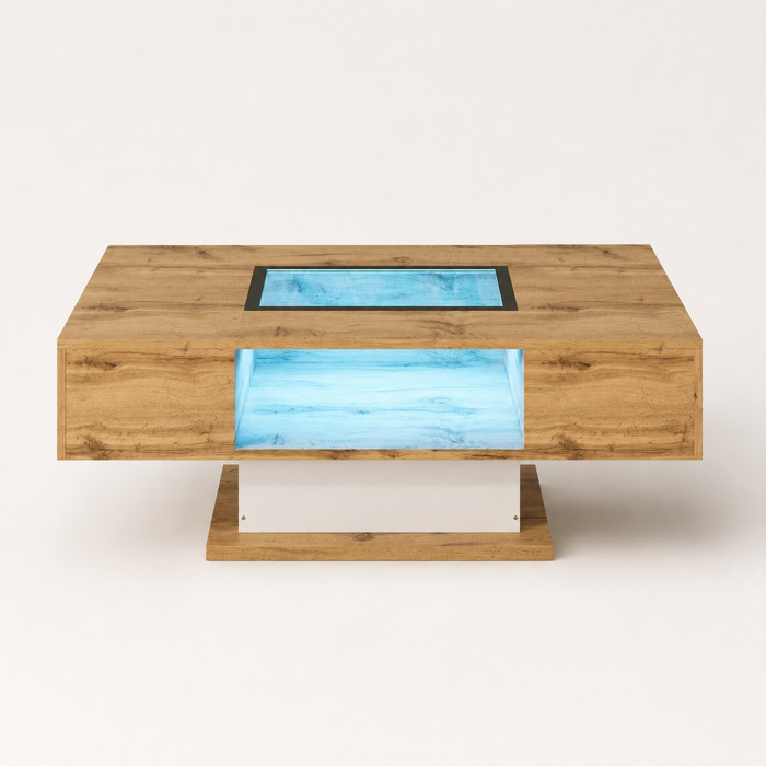 Table basse bois et verre moderne avec LED et rangements – Vitrine LED & 2 tiroirs