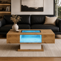 Table basse bois et verre moderne avec LED et rangements – Vitrine LED & 2 tiroirs 2