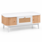 Table basse en bois et rotin avec rangements – Cannage & rangements fermés