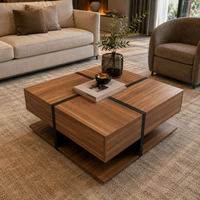 Table basse carrée bois et noir avec tiroirs de rangement – 4 tiroirs & plateau inférieur 3