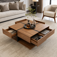 Table basse carrée bois et noir avec tiroirs de rangement – 4 tiroirs & plateau inférieur 4