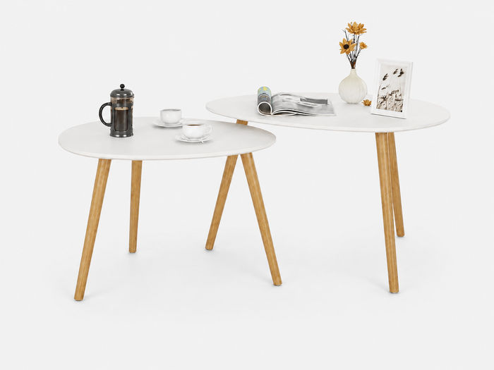 Table basse gigogne ovale blanche et bois scandinave – 2 tables