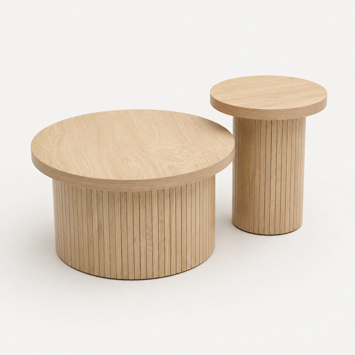 Table basse gigogne en bois design – Rondes en bois naturel, 2 tables