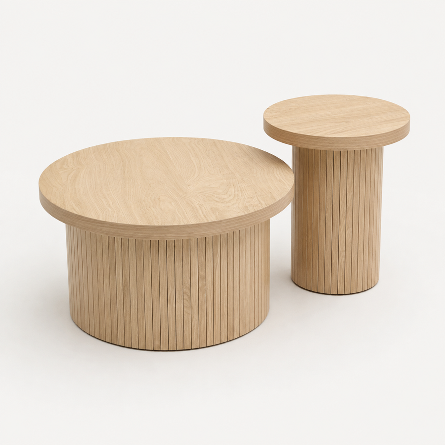 Table basse gigogne en bois design – Rondes en bois naturel, 2 tables
