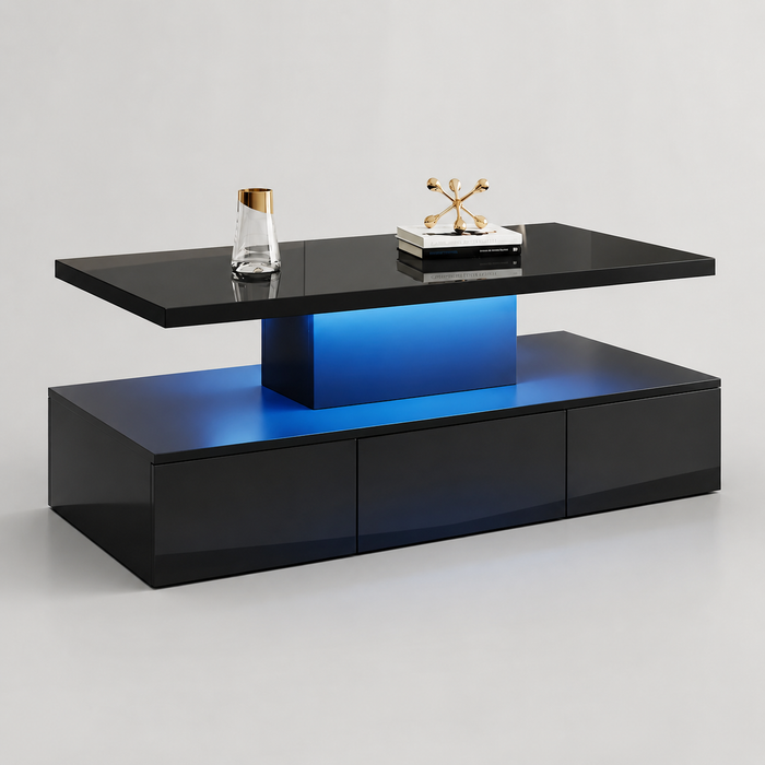 Table basse rectangulaire noire à double plateau avec LED et rangement – LED 16 couleurs