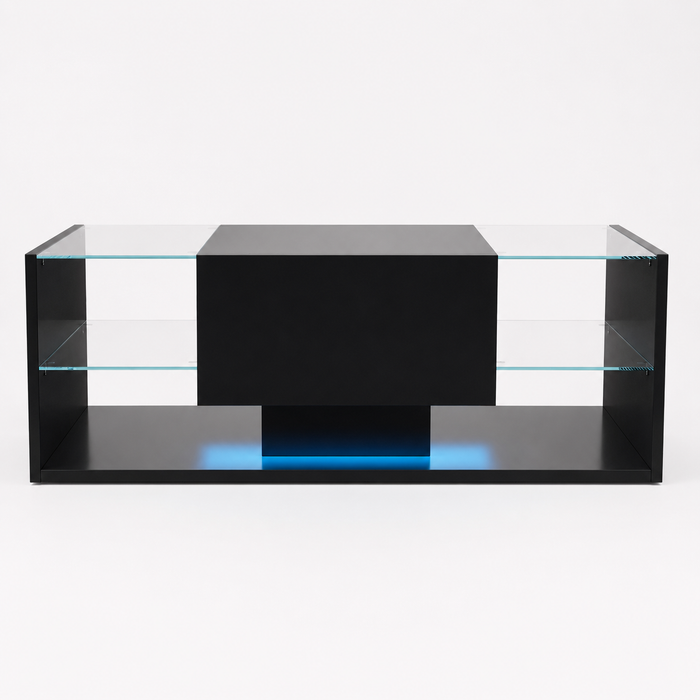 Table basse noire avec étagères en verre et éclairage LED – Verre trempé & LED