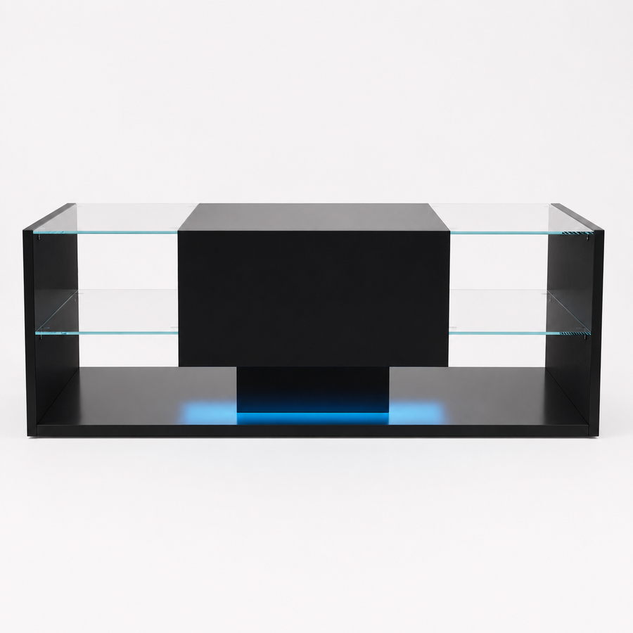 Table basse noire avec étagères en verre et éclairage LED – Verre trempé & LED