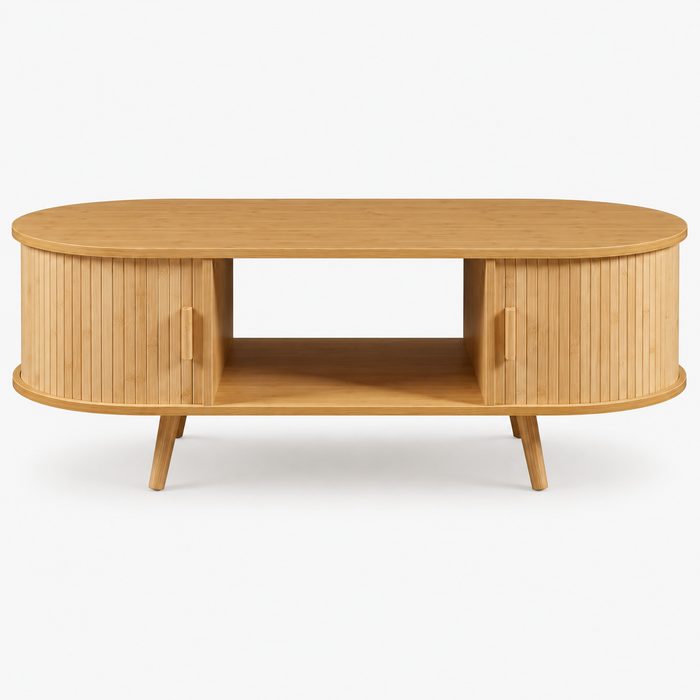 Table basse ovale bois avec rangement au style scandinave – Portes coulissantes