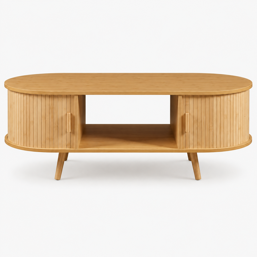 Table basse ovale bois avec rangement au style scandinave – Portes coulissantes
