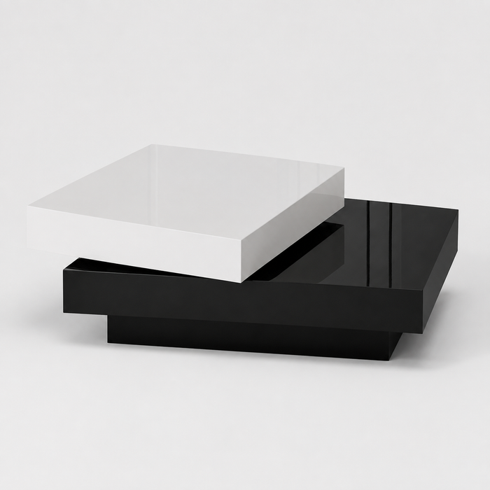 Table basse pivotante moderne à double plateau – Noir & blanc laqué, rangement 2 niveaux